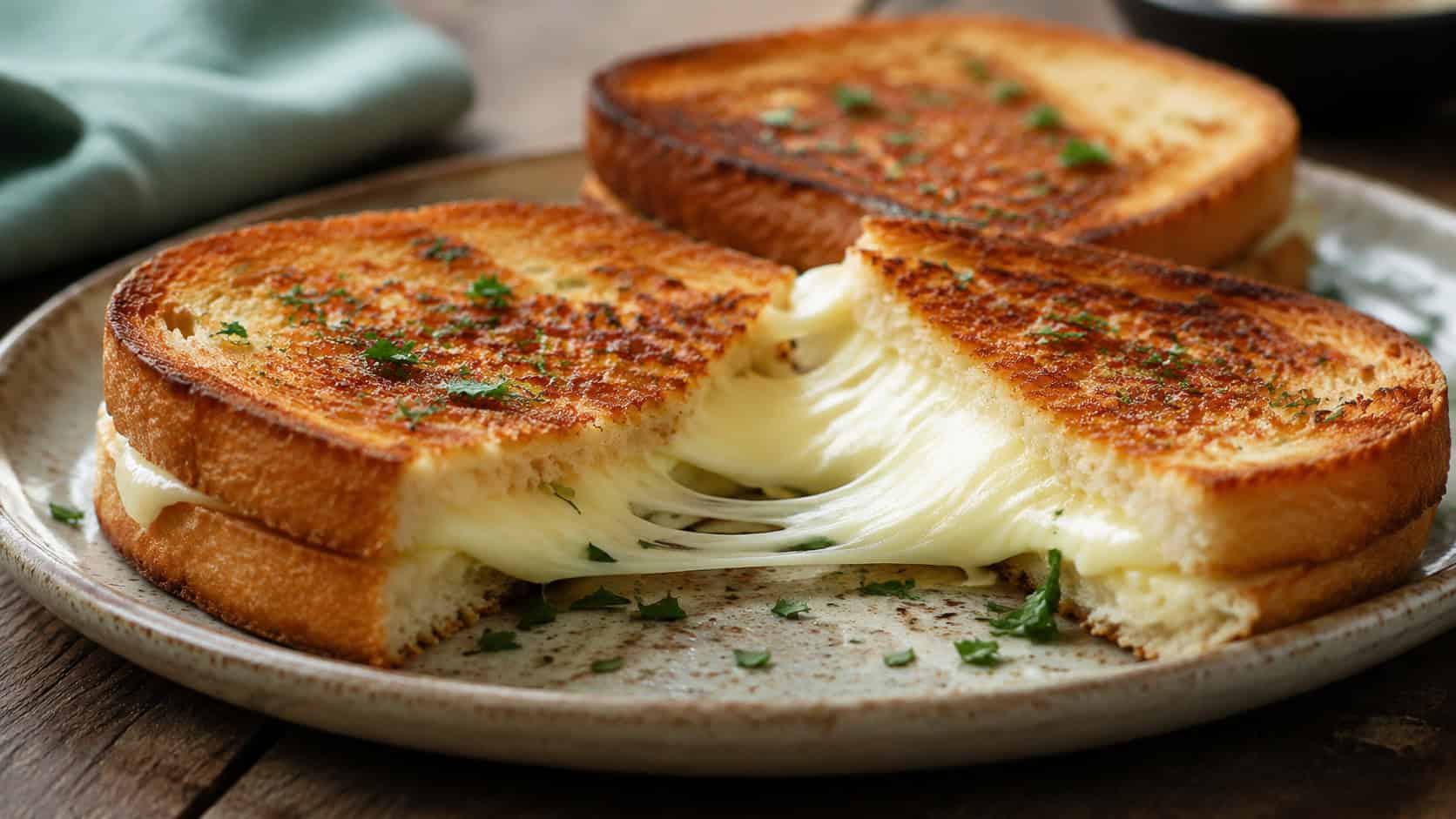 fried mozzarella sandwiches in a wide horizontal shot, one pulled apart to show melting cheese on a rustic plate, natural light, shallow depth of field, landscape orientation
