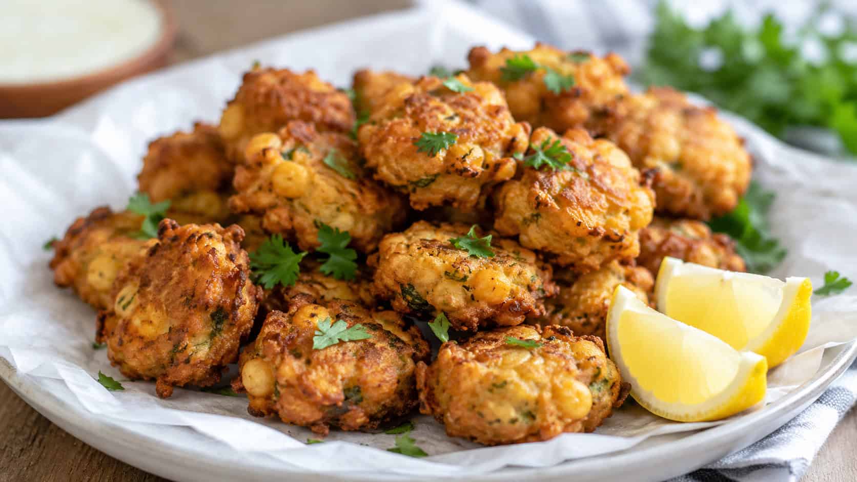 golden chickpea fritters in a wide horizontal shot, stacked on a paper-lined plate with lemon wedges and parsley, natural light, shallow depth of field, landscape orientation