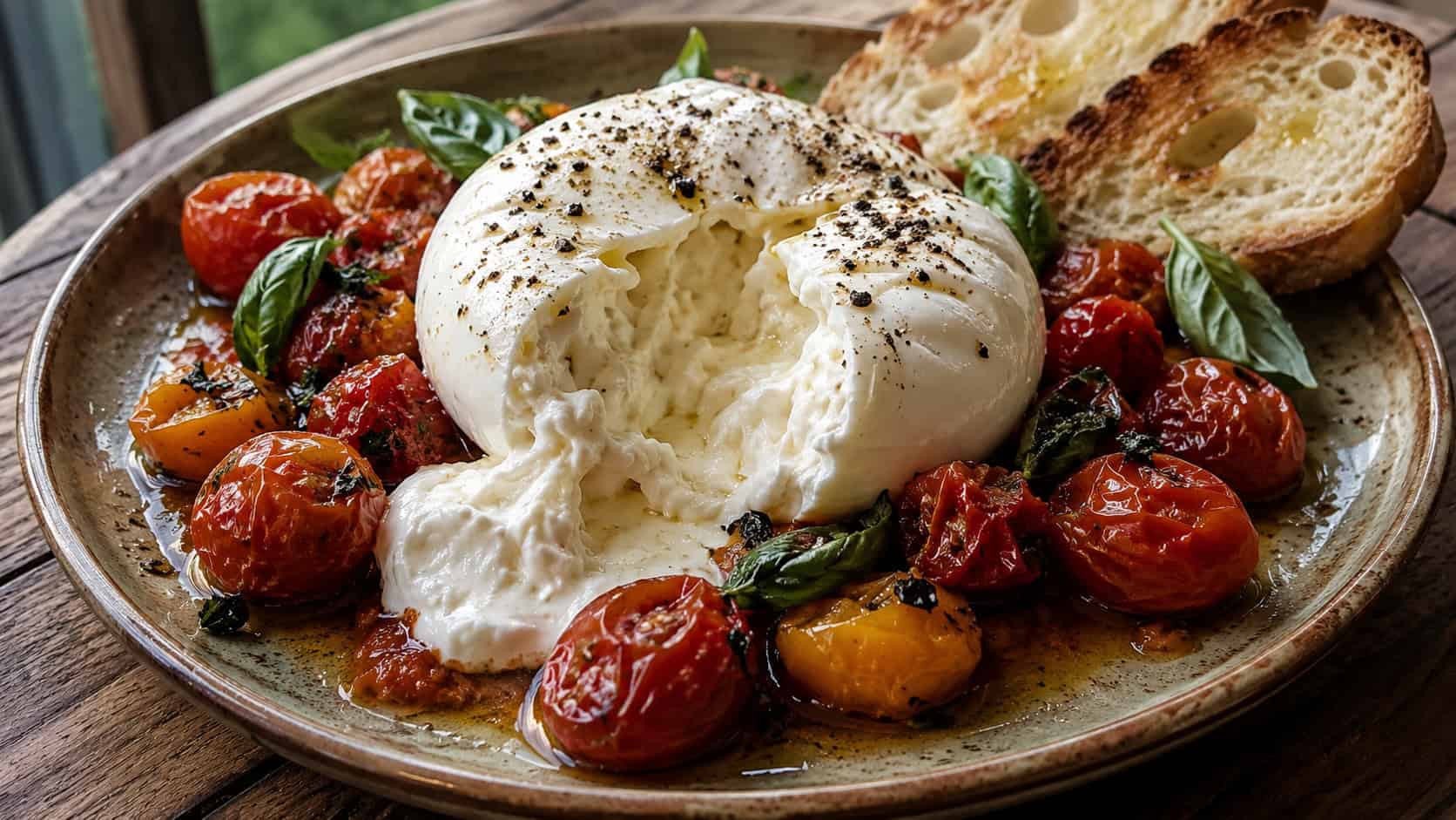 creamy burrata over roasted cherry tomatoes in a wide horizontal shot, torn open on a rustic plate with basil and crusty bread, natural light, shallow depth of field, landscape orientation