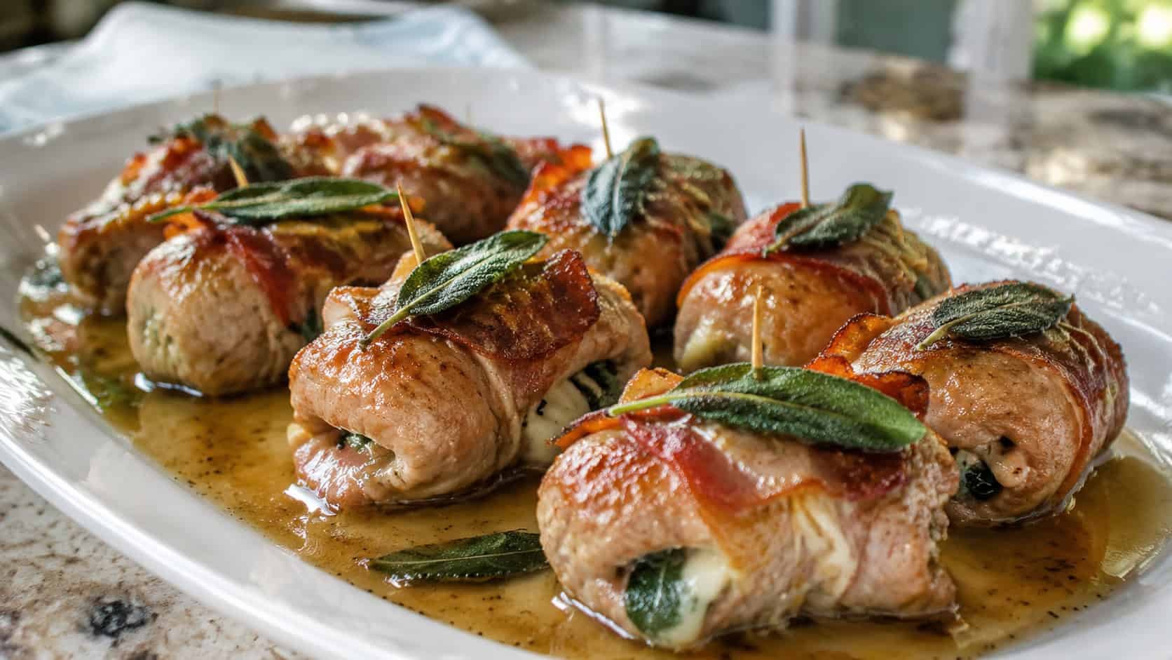 pan-seared veal saltimbocca rolls in a wide horizontal shot, arranged on a platter with crispy sage and a buttery pan sauce, natural light, shallow depth of field, landscape orientation