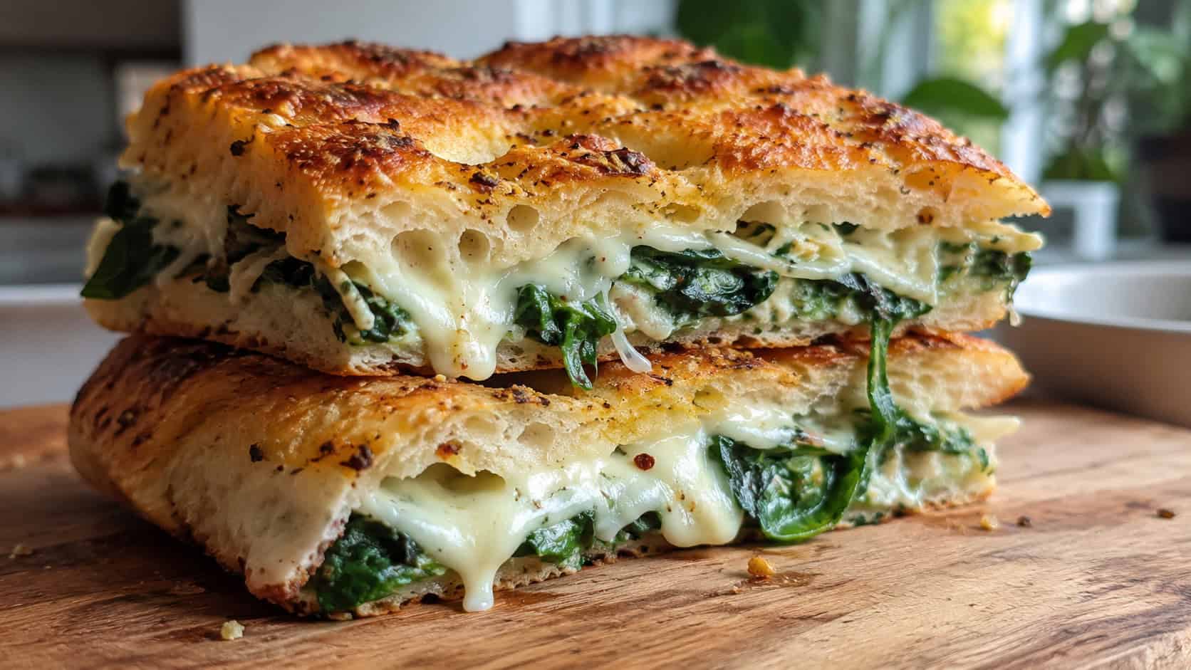stuffed focaccia squares in a wide horizontal shot, cut to show melted cheese and greens stacked on a wooden board, natural light, shallow depth of field, landscape orientation