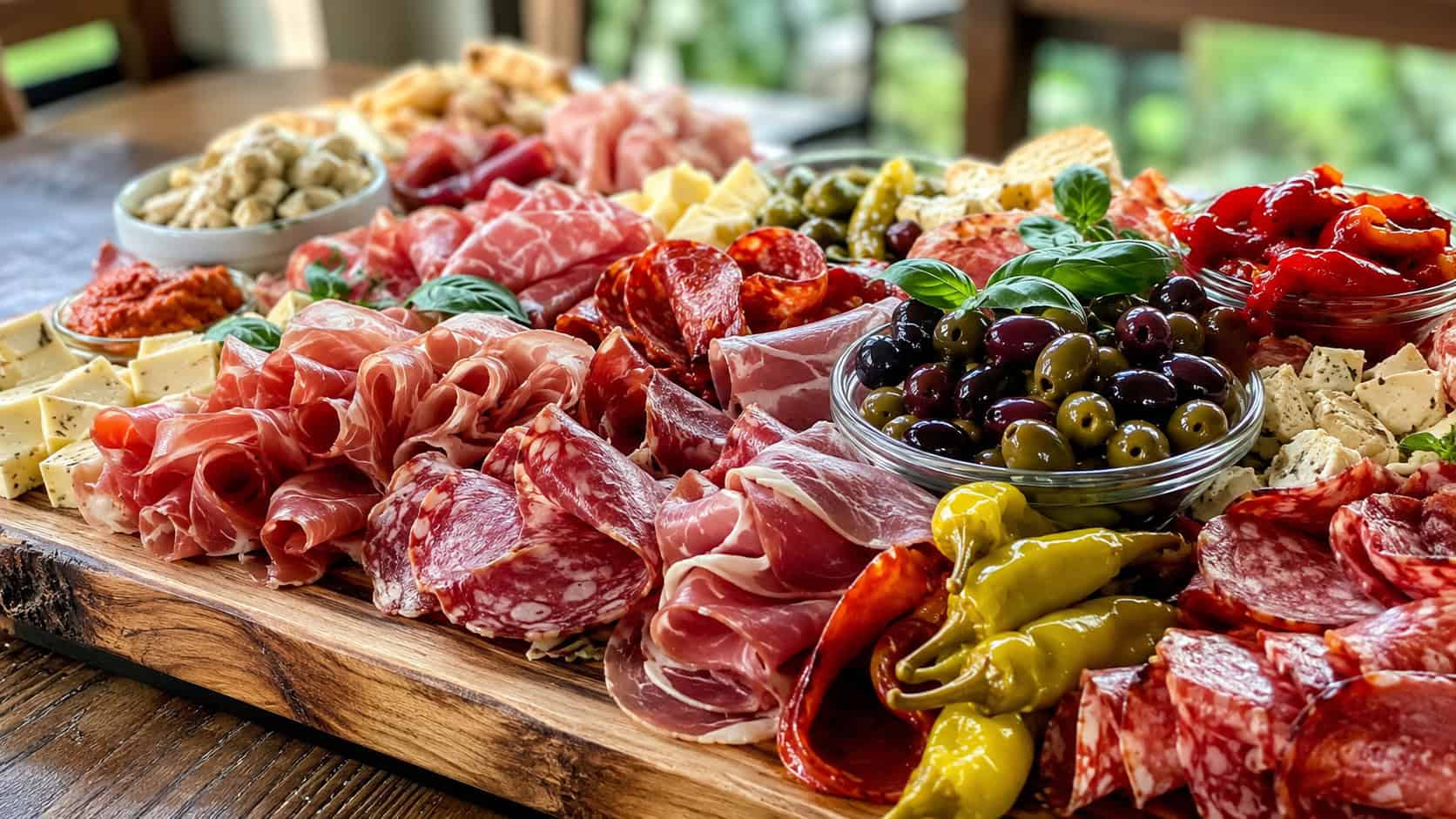 an abundant antipasto platter in a wide horizontal shot, overflowing with folded meats, cheeses, olives, and peppers on a large wooden board, natural light, shallow depth of field, landscape orientation