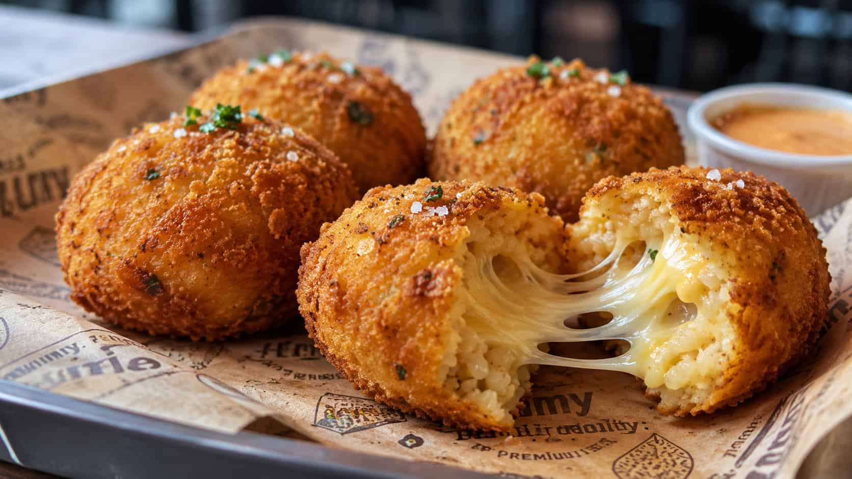 golden fried rice croquettes in a wide horizontal shot, one broken open to show stretchy melted cheese on a paper-lined tray, natural light, shallow depth of field, landscape orientation