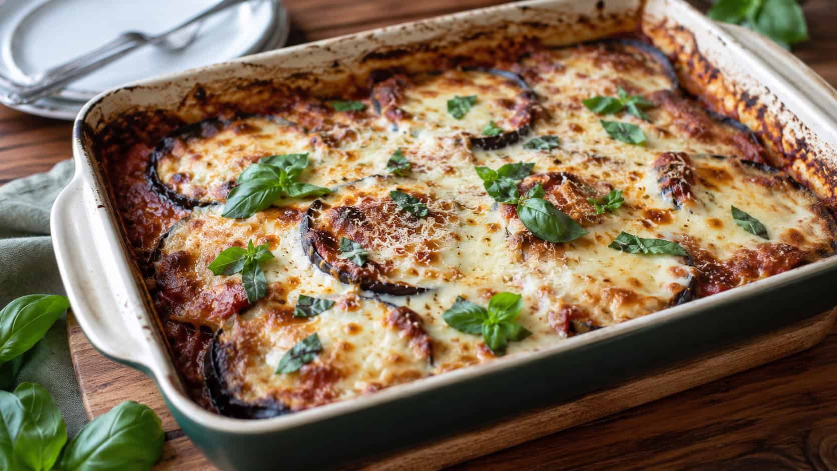 bubbling eggplant parmigiana in a wide horizontal shot, golden and cheesy in a baking dish with fresh basil on a wooden table, natural light, shallow depth of field, landscape orientation
