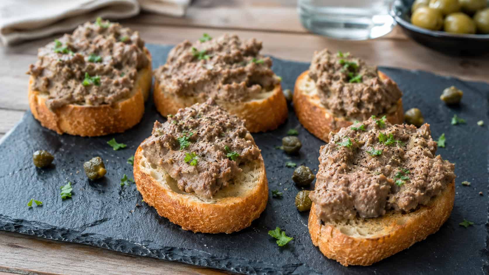 rustic chicken liver crostini in a wide horizontal shot, spread on toasted bread arranged on a slate board with capers scattered around, natural light, shallow depth of field, landscape orientation