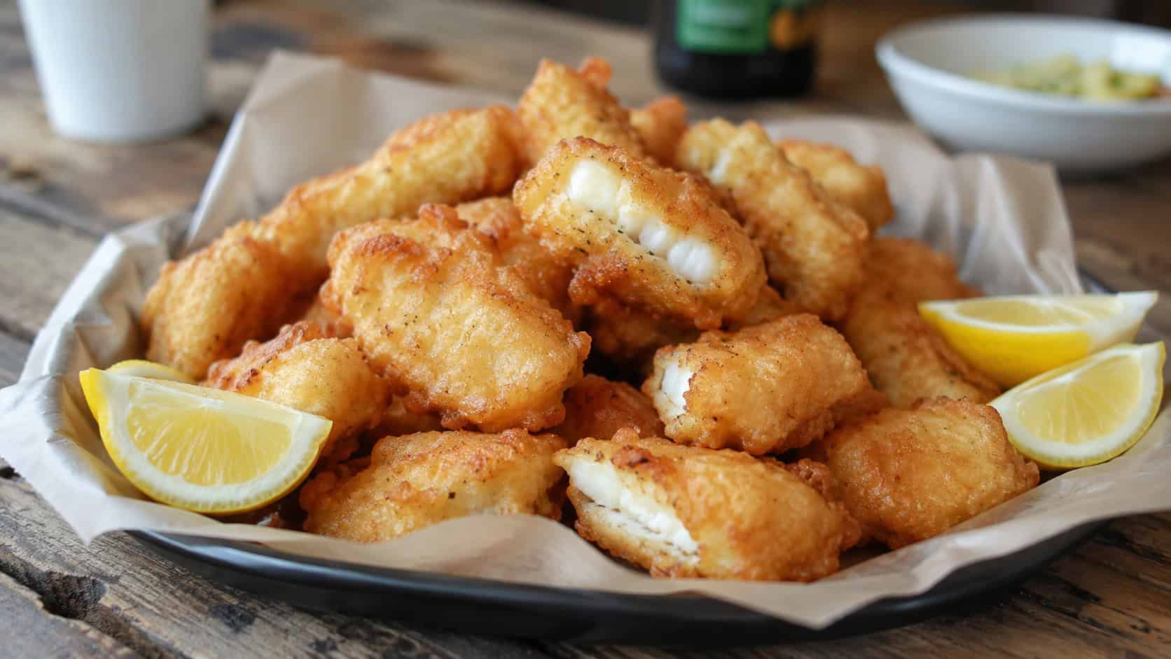 golden fried cod fritters in a wide horizontal shot, piled on a paper-lined tray with lemon wedges on a rustic table, natural light, shallow depth of field, landscape orientation