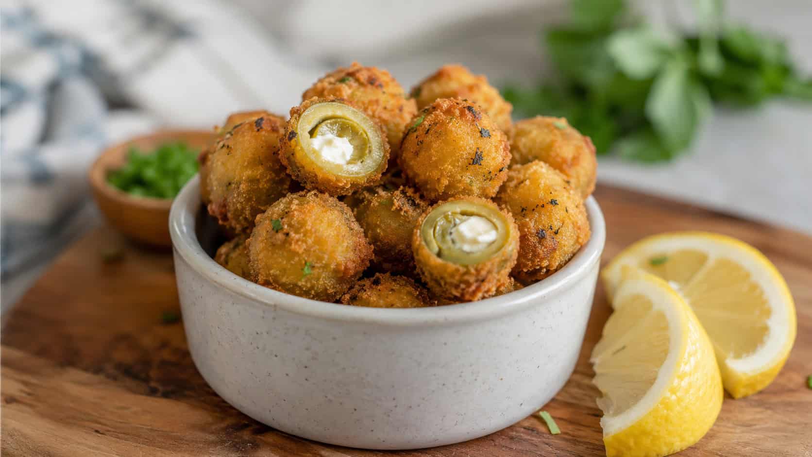 crispy fried stuffed olives in a wide horizontal shot, golden bites piled in a small bowl with lemon on a wooden board, natural light, shallow depth of field, landscape orientation