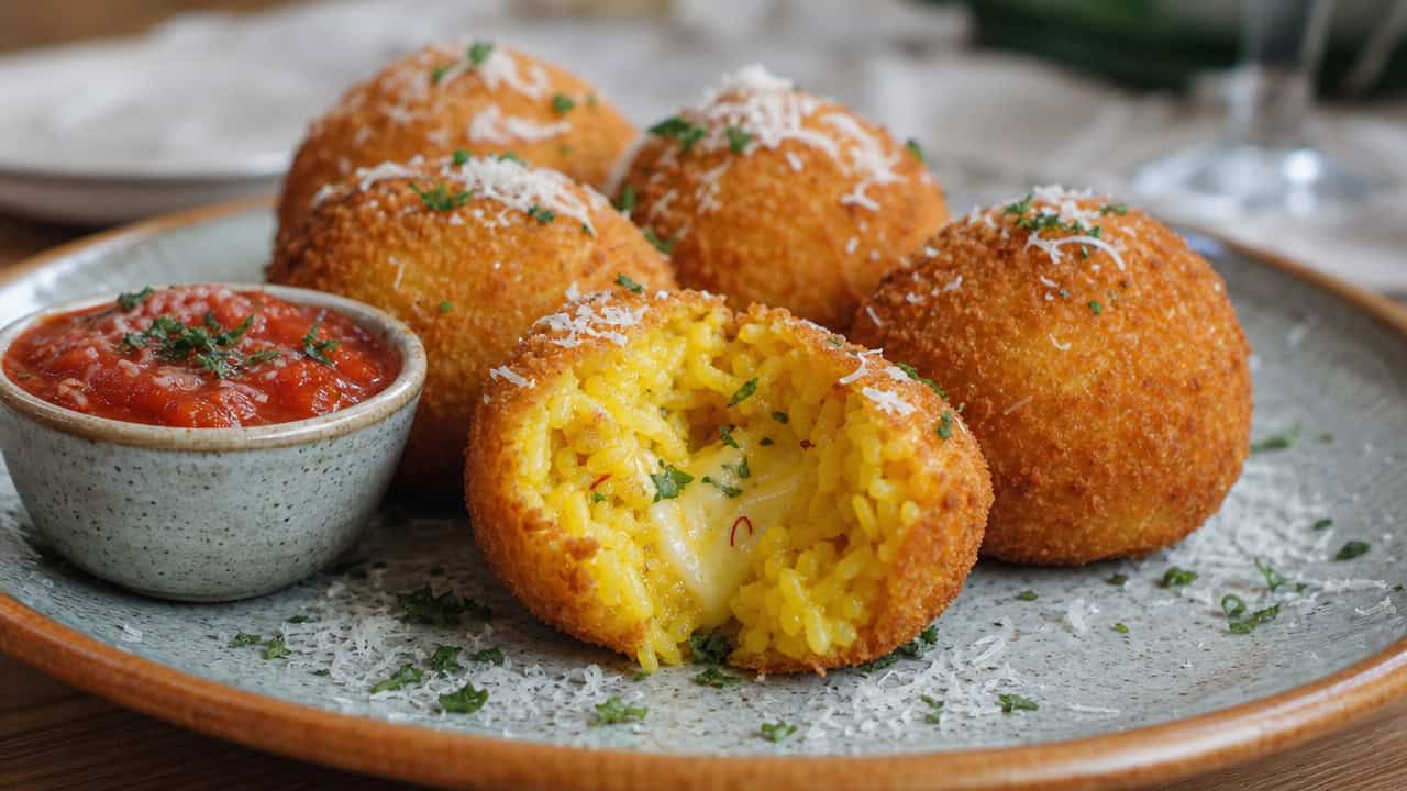 golden fried rice balls in a wide horizontal shot, one cut open to show a saffron yellow center on a rustic plate with marinara, natural light, shallow depth of field, landscape orientation