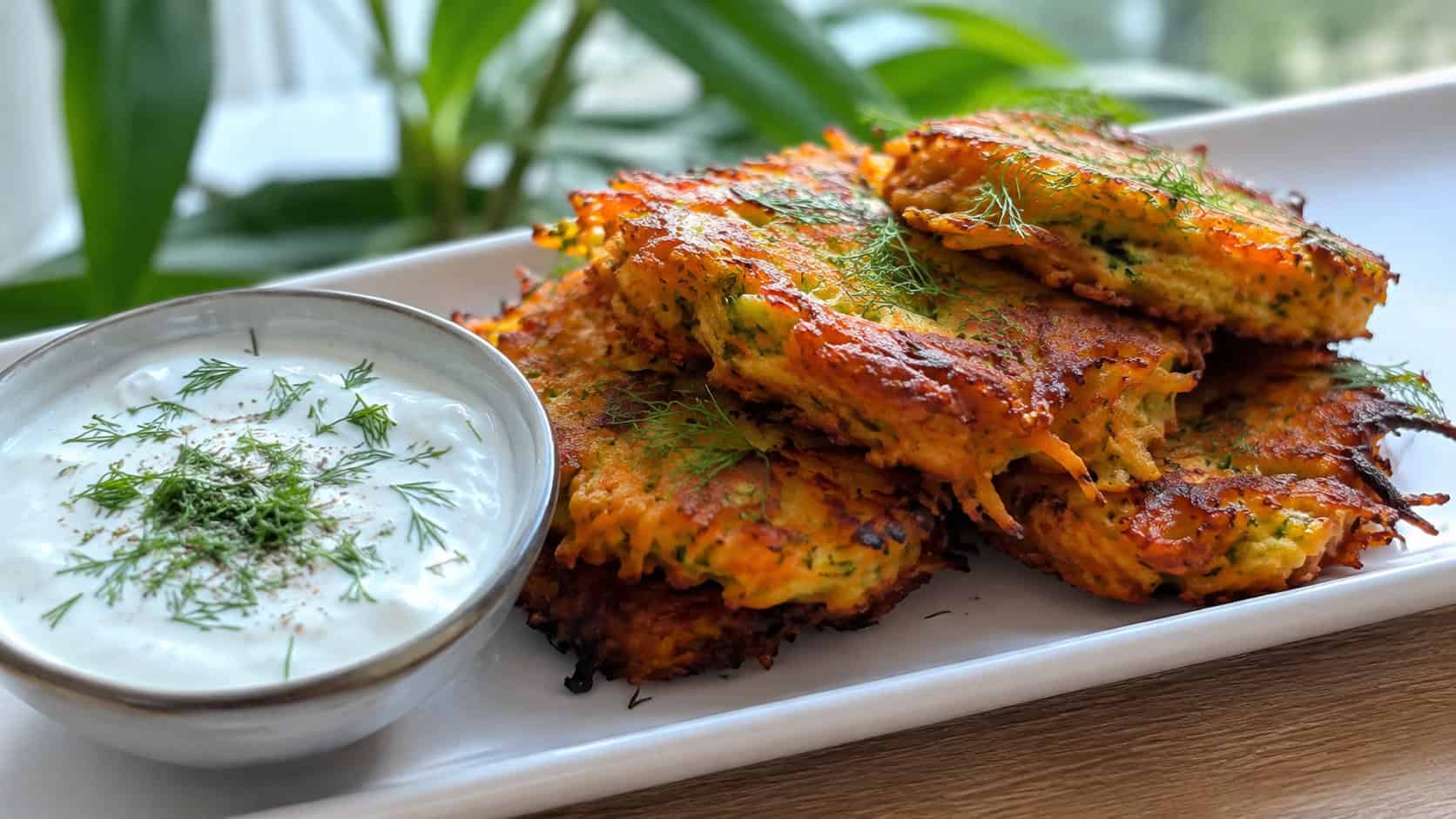 golden carrot and zucchini fritters stacked on a wide horizontal plate with a bowl of yogurt dip, crispy edges, natural light, shallow depth of field, landscape orientation