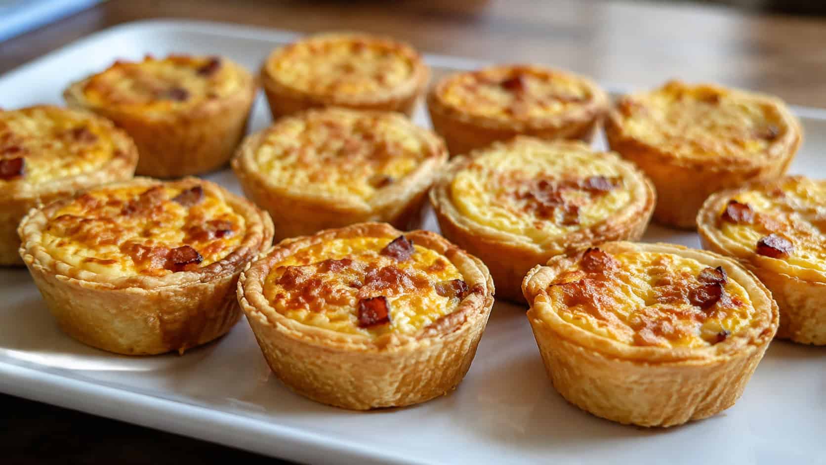 mini quiches Lorraine arranged on a wide horizontal white tray, golden puffed custard tops flecked with bacon, soft natural light, shallow depth of field, landscape orientation