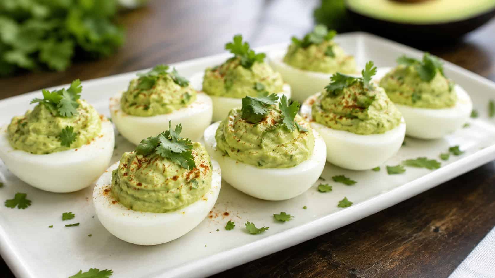 avocado deviled eggs with creamy green filling and cilantro garnish arranged on a wide horizontal white platter, natural light, shallow depth of field, landscape orientation