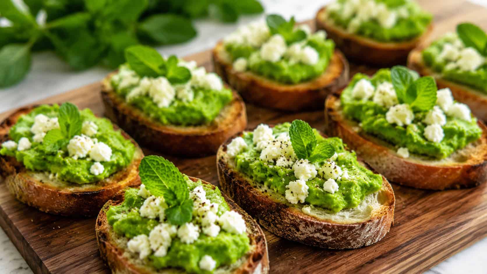 pea and mint crostini topped with crumbled feta arranged across a wide horizontal wooden board, vibrant green spread, bright natural light, shallow depth of field, landscape orientation