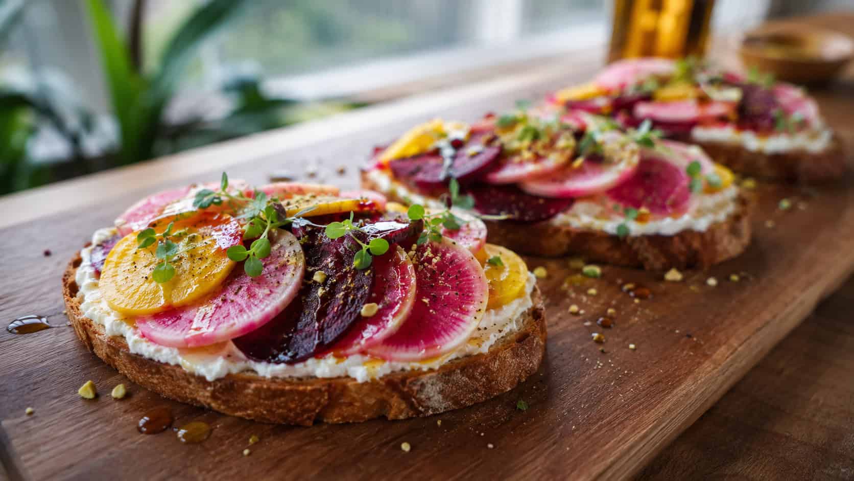 radish and beet tartines with whipped ricotta arranged on a wide horizontal serving board, colorful overlapping slices and honey drizzle, natural light, shallow depth of field, landscape orientation