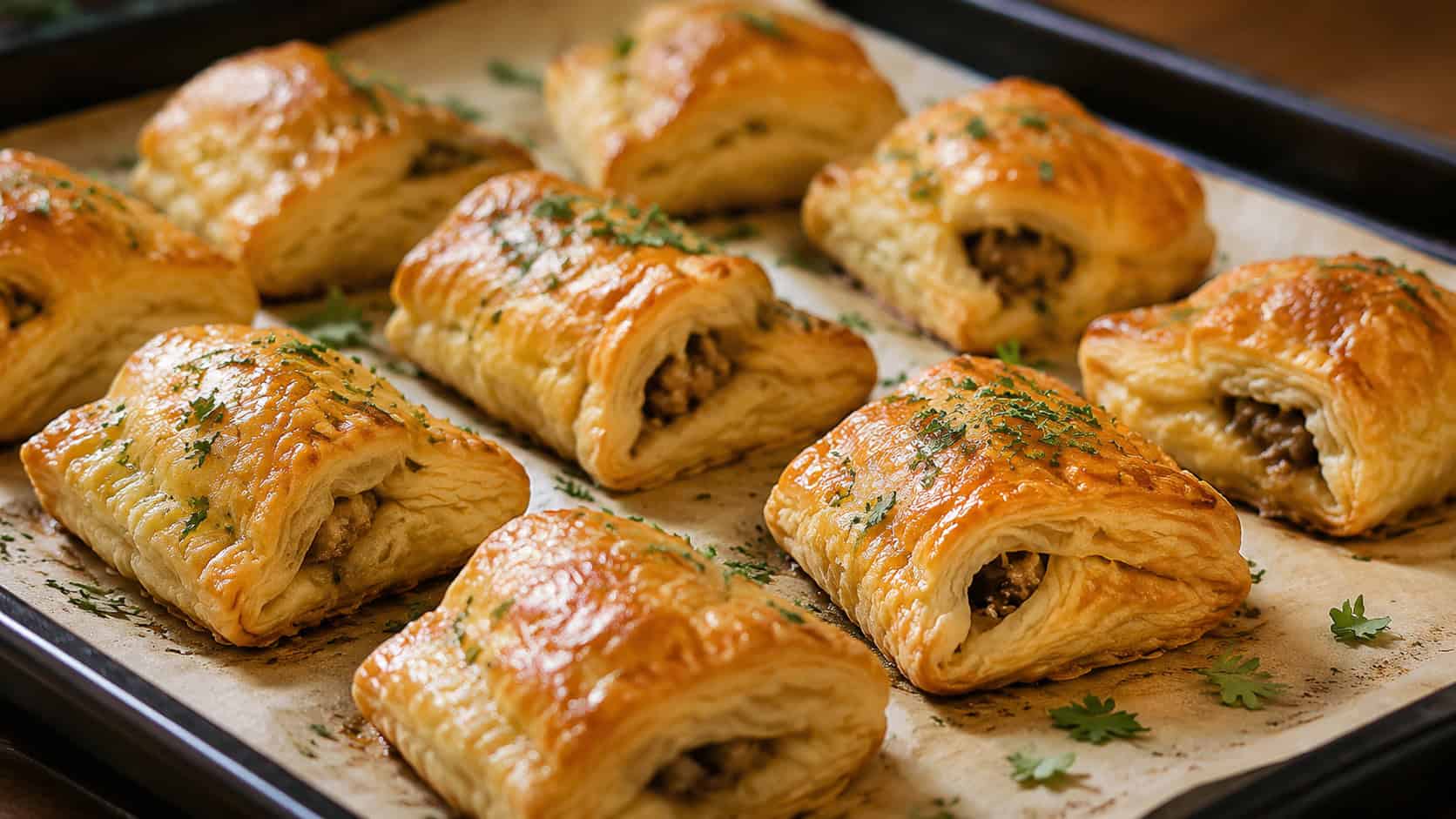 golden lamb pastry puffs arranged on a wide horizontal parchment-lined tray, flaky glossy tops, scattered parsley, warm natural light, shallow depth of field, landscape orientation