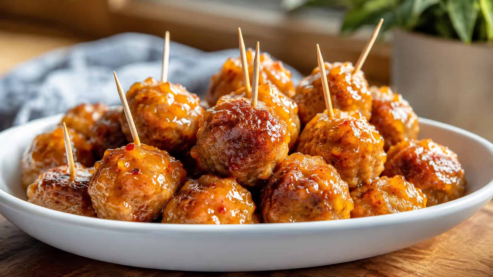 glossy apricot glazed meatballs piled in a wide horizontal serving bowl with toothpicks, sticky golden glaze, warm natural light, shallow depth of field, landscape orientation