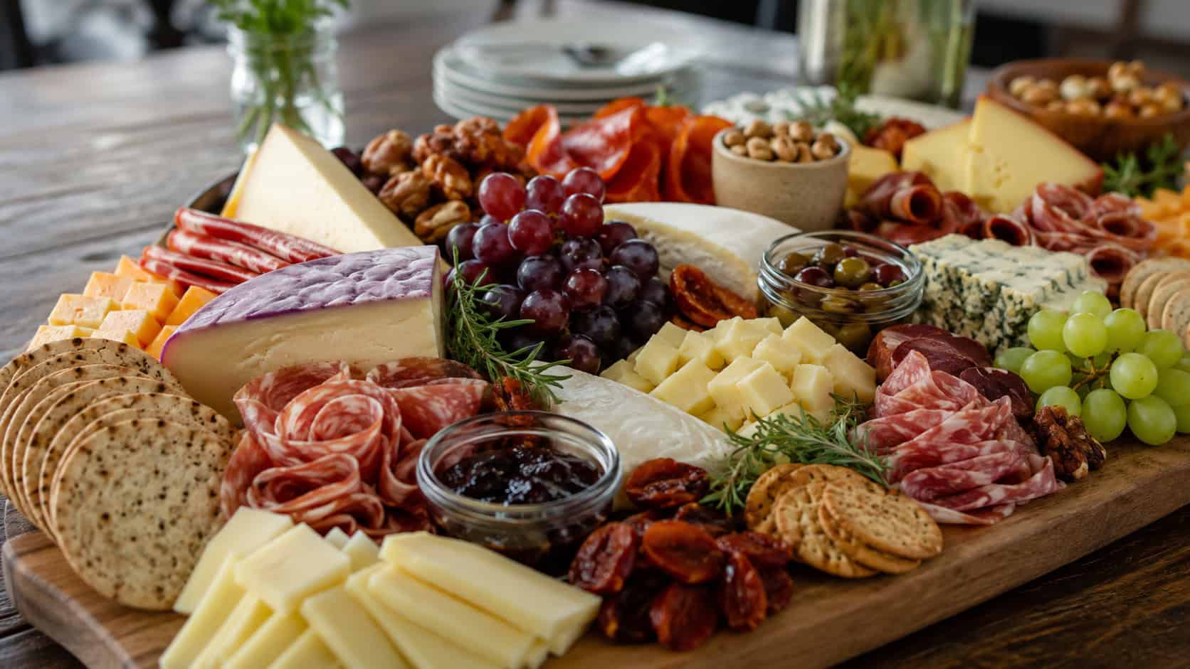 an abundant cheese and charcuterie board arranged across a wide horizontal wooden table, cheeses, folded meats, grapes, and crackers, natural light, shallow depth of field, landscape orientation