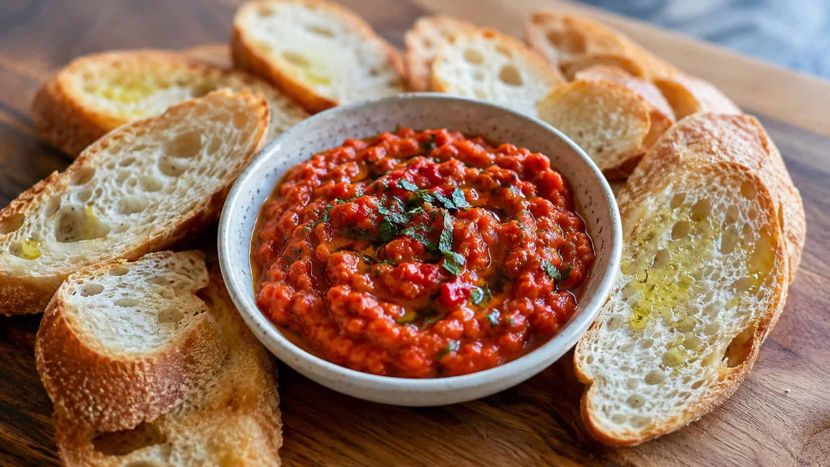 a bowl of roasted red pepper tapenade surrounded by crusty bread slices on a wide horizontal board, glossy spread and olive oil drizzle, natural light, shallow depth of field, landscape orientation