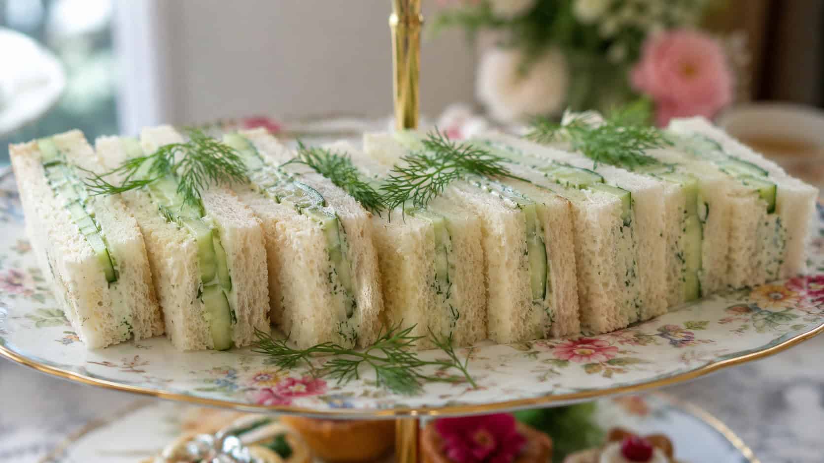 cucumber dill tea sandwiches stacked in a wide horizontal row on a tiered floral plate, fresh dill garnish, soft natural light, shallow depth of field, landscape orientation