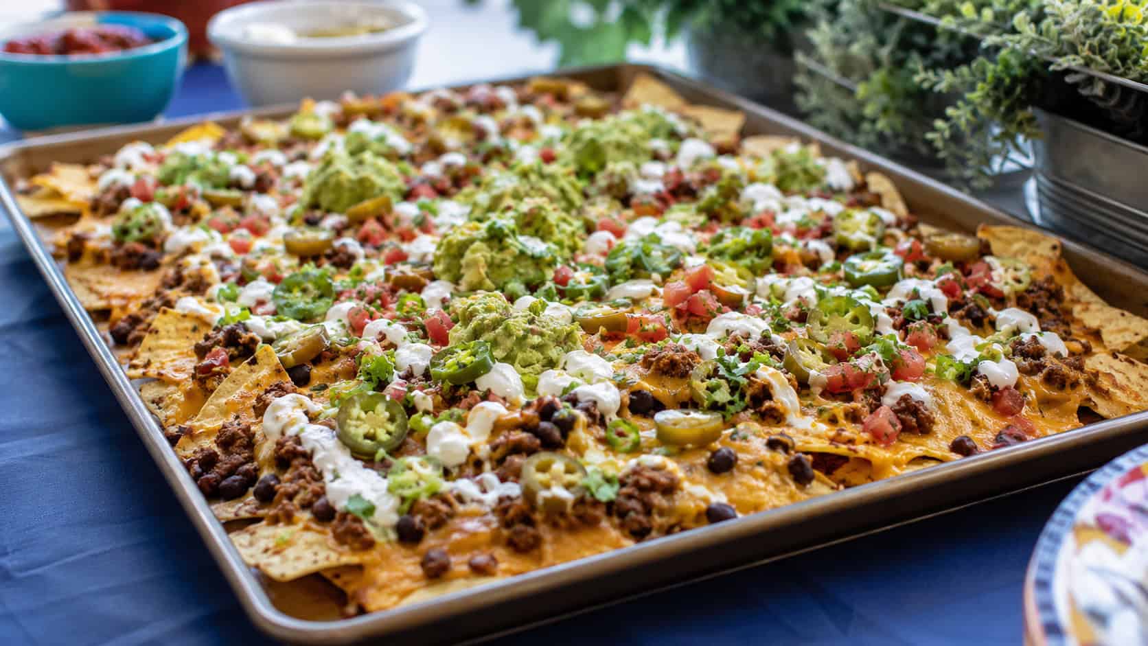 loaded nachos on a wide sheet pan covered in melted cheese, seasoned beef, jalapeños, and fresh toppings on a party table, natural light, shallow depth of field, landscape orientation