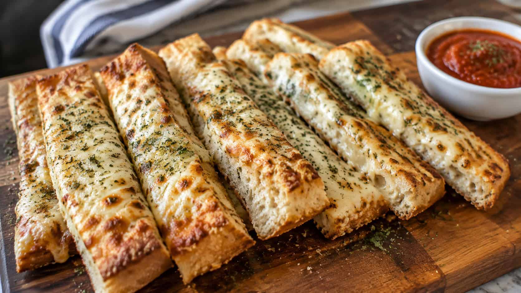 cheesy garlic breadsticks topped with melted mozzarella and parsley, cut and fanned across a wide board with marinara on the side, natural light, shallow depth of field, landscape orientation