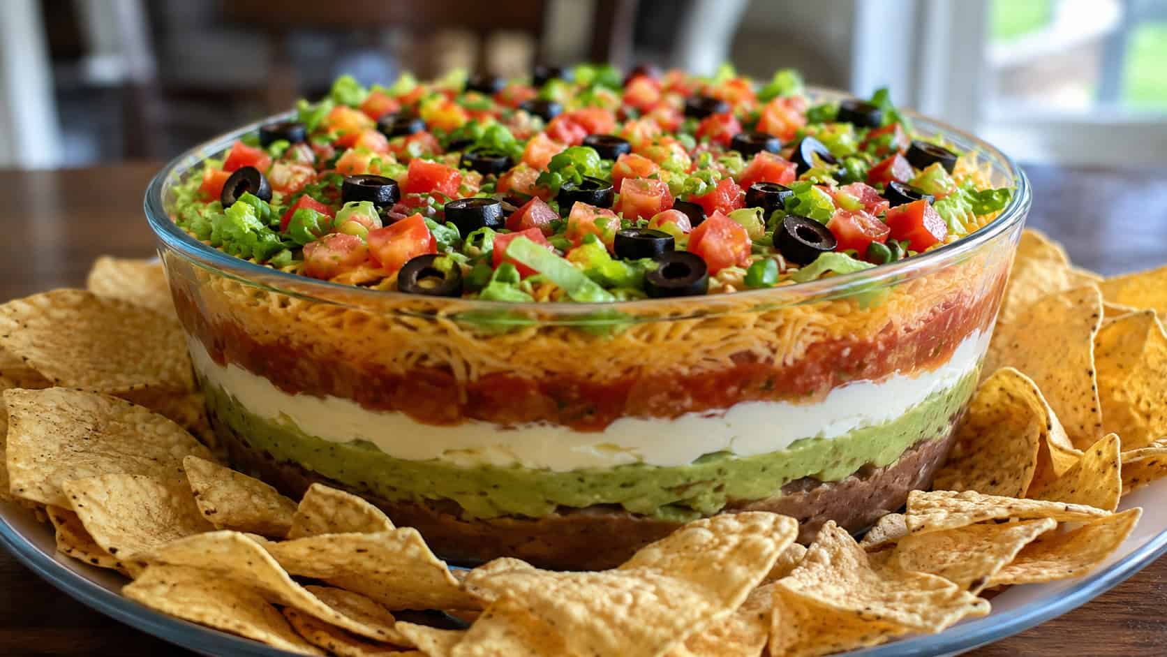 a colorful seven-layer taco dip in a wide glass dish showing distinct layers, surrounded by tortilla chips on a table, natural light, shallow depth of field, landscape orientation