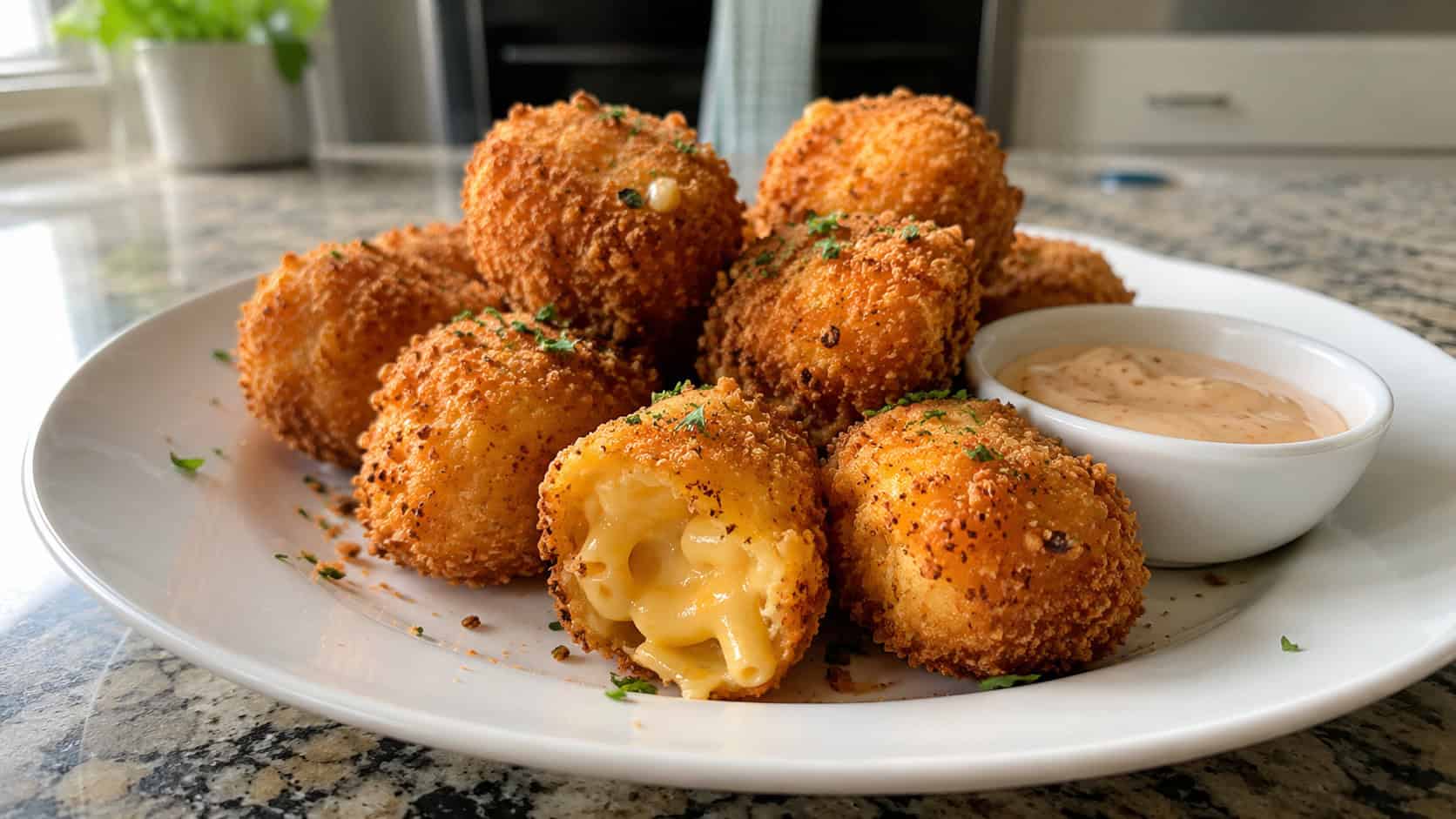golden fried mac and cheese bites piled on a wide plate with a dipping sauce, set on a kitchen counter, natural light, shallow depth of field, landscape orientation