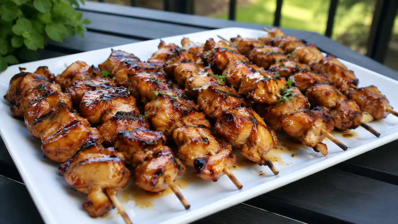 glazed honey barbecue chicken skewers lined up on a wide platter with grill marks, set on an outdoor table, natural light, shallow depth of field, landscape orientation