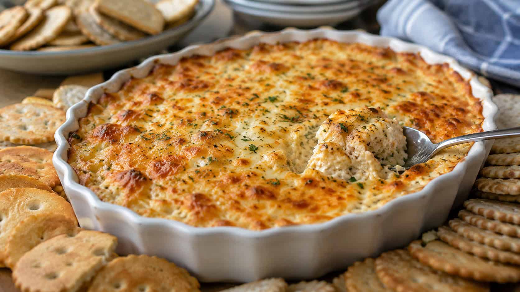 warm golden crab dip in a wide baking dish topped with melted cheese, surrounded by crackers on a table, natural light, shallow depth of field, landscape orientation
