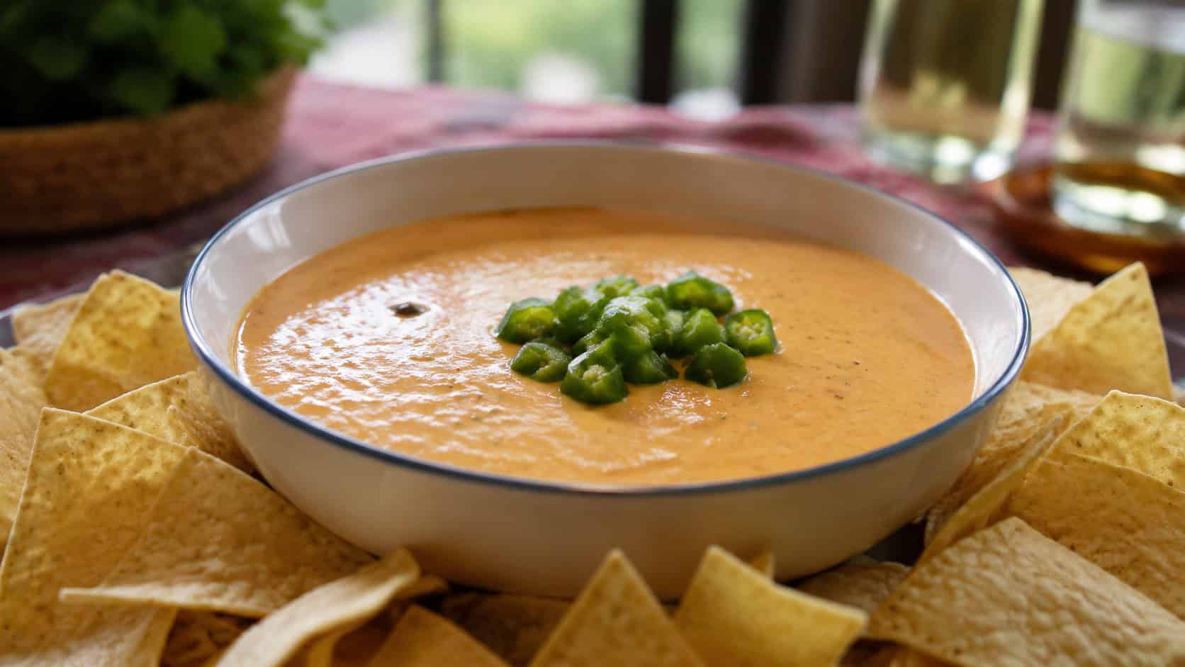 smooth spicy queso dip in a wide bowl topped with diced jalapeños, surrounded by tortilla chips on a party table, natural light, shallow depth of field, landscape orientation