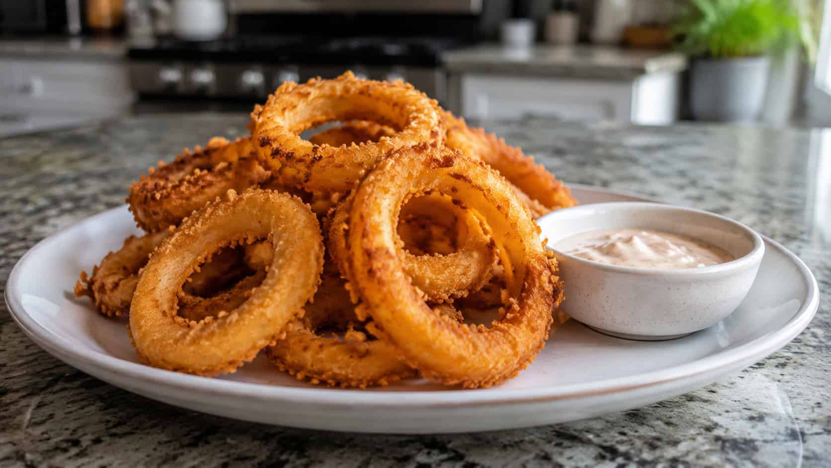 golden crispy onion rings stacked on a wide plate with a dipping sauce, set on a kitchen counter, natural light, shallow depth of field, landscape orientation