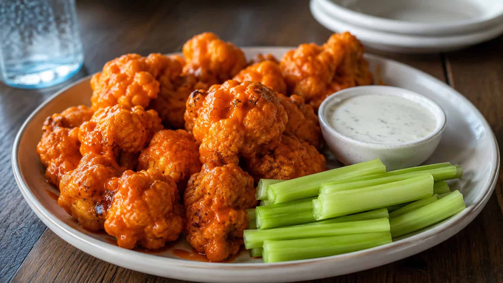 crispy buffalo cauliflower bites coated in orange sauce piled on a wide plate with ranch and celery, set on a table, natural light, shallow depth of field, landscape orientation