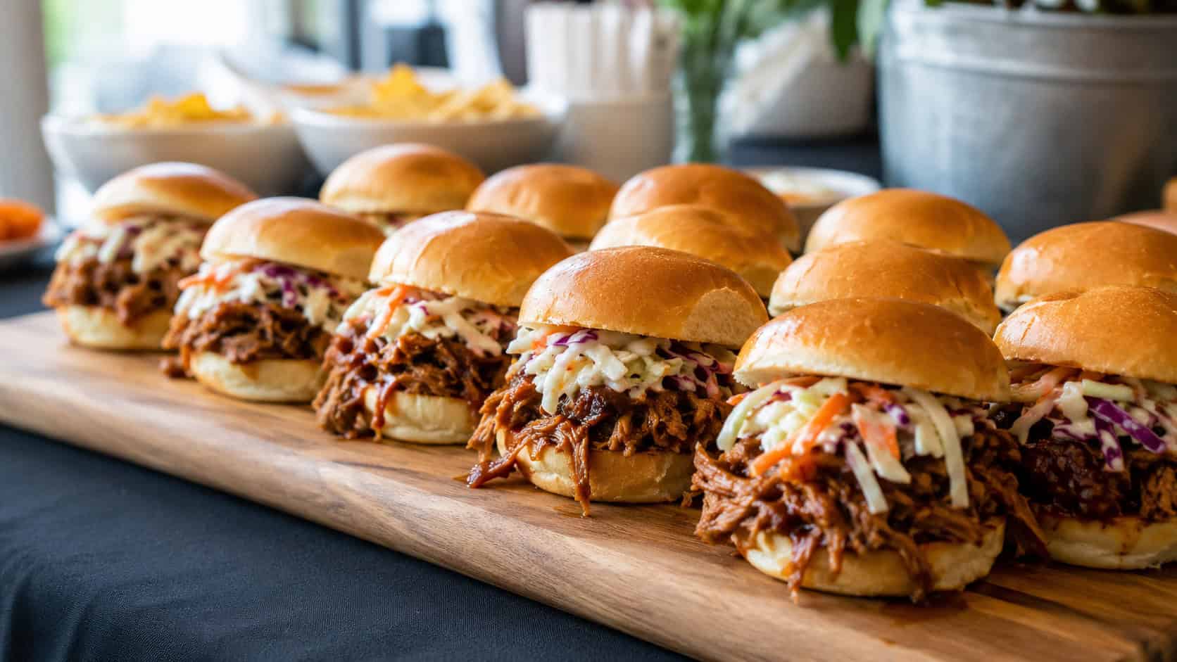 barbecue pulled pork sliders topped with coleslaw on soft buns, arranged across a wide wooden board on a party table, natural light, shallow depth of field, landscape orientation