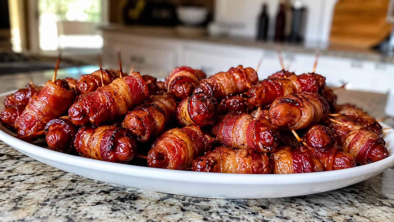 caramelized bacon-wrapped cocktail sausages on toothpicks piled on a wide platter on a counter, natural light, shallow depth of field, landscape orientation