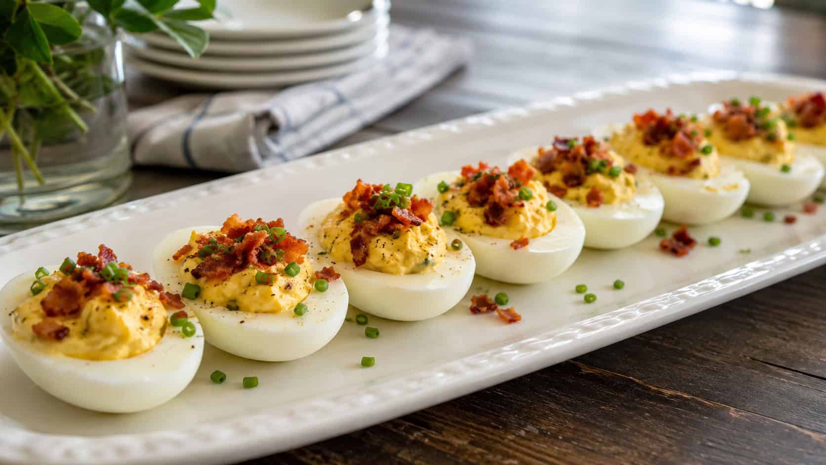 deviled eggs topped with crispy bacon bits and chives arranged in a wide row on a serving platter on a table, natural light, shallow depth of field, landscape orientation