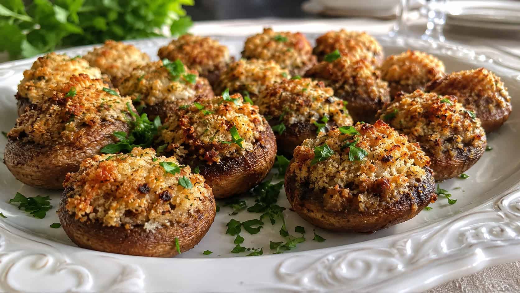 golden stuffed mushroom caps with a parmesan breadcrumb topping garnished with parsley on a wide platter, in a wide horizontal shot, on an elegant serving dish, natural light, shallow depth of field, landscape orientation