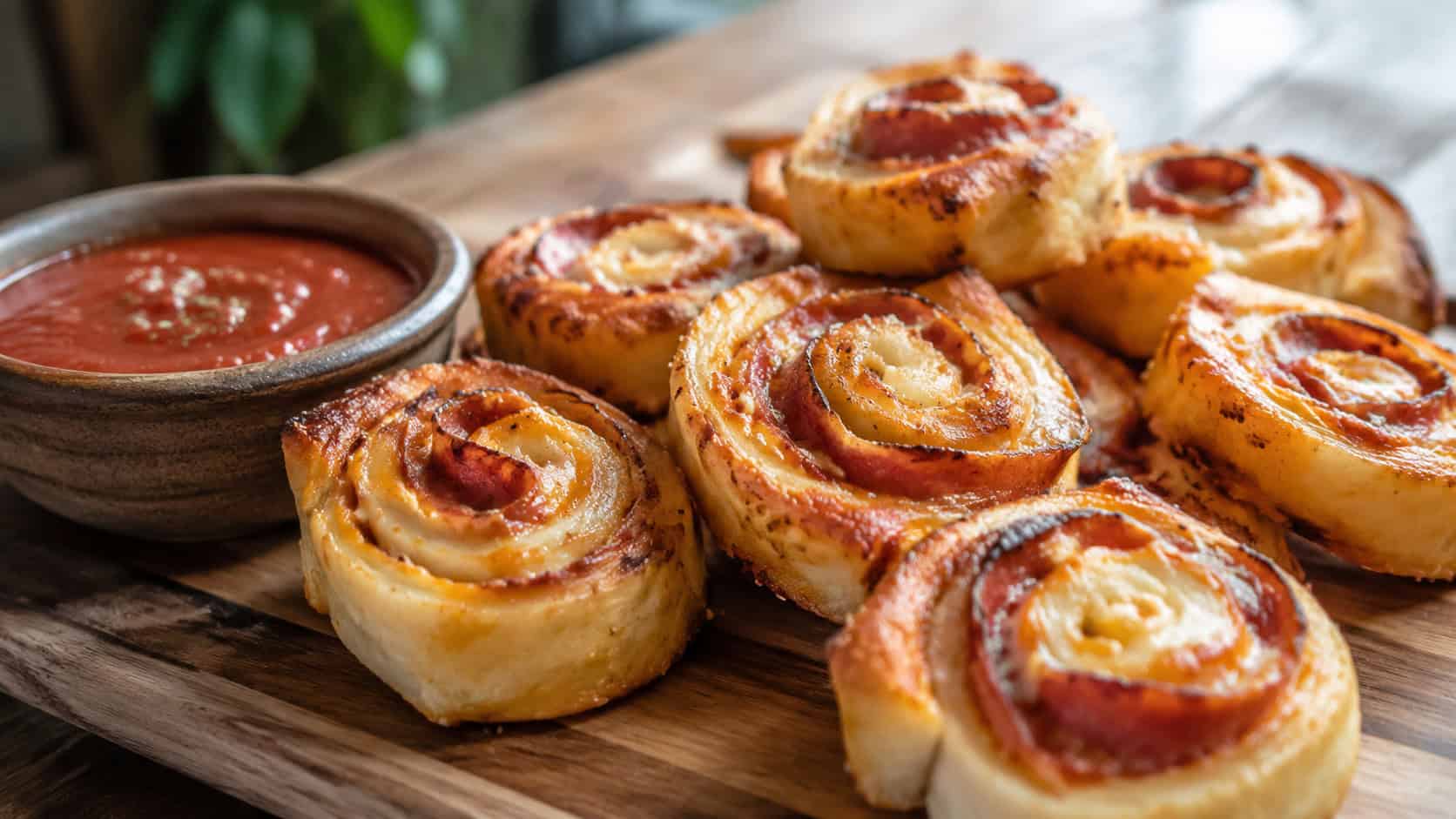 golden pepperoni pizza rolls showing swirls of cheese and pepperoni on a wide board with marinara, in a wide horizontal shot, on a wooden table, natural light, shallow depth of field, landscape orientation