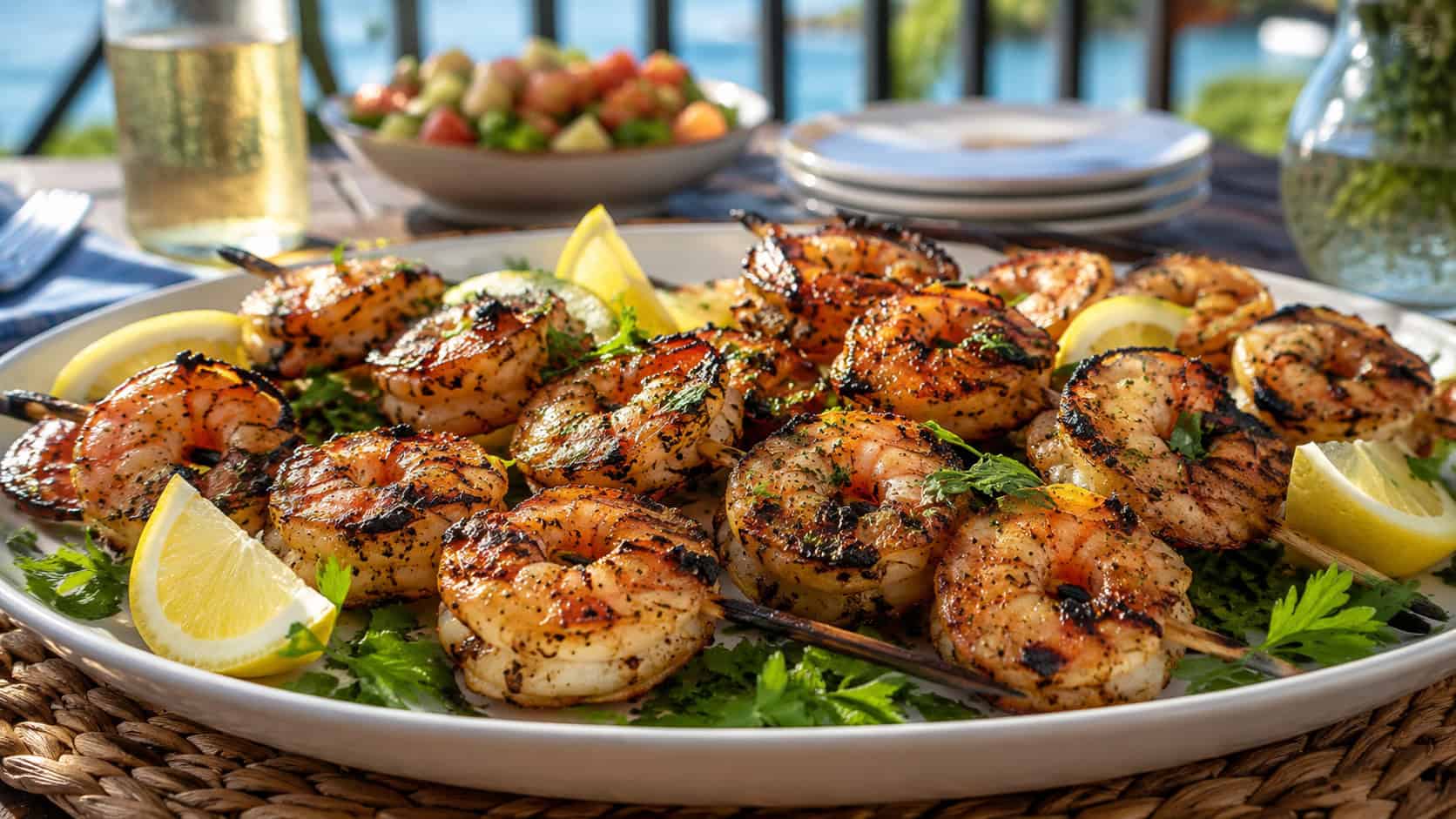charred grilled shrimp skewers garnished with lemon wedges and parsley on a wide platter, in a wide horizontal shot, on a summery outdoor table, natural light, shallow depth of field, landscape orientation