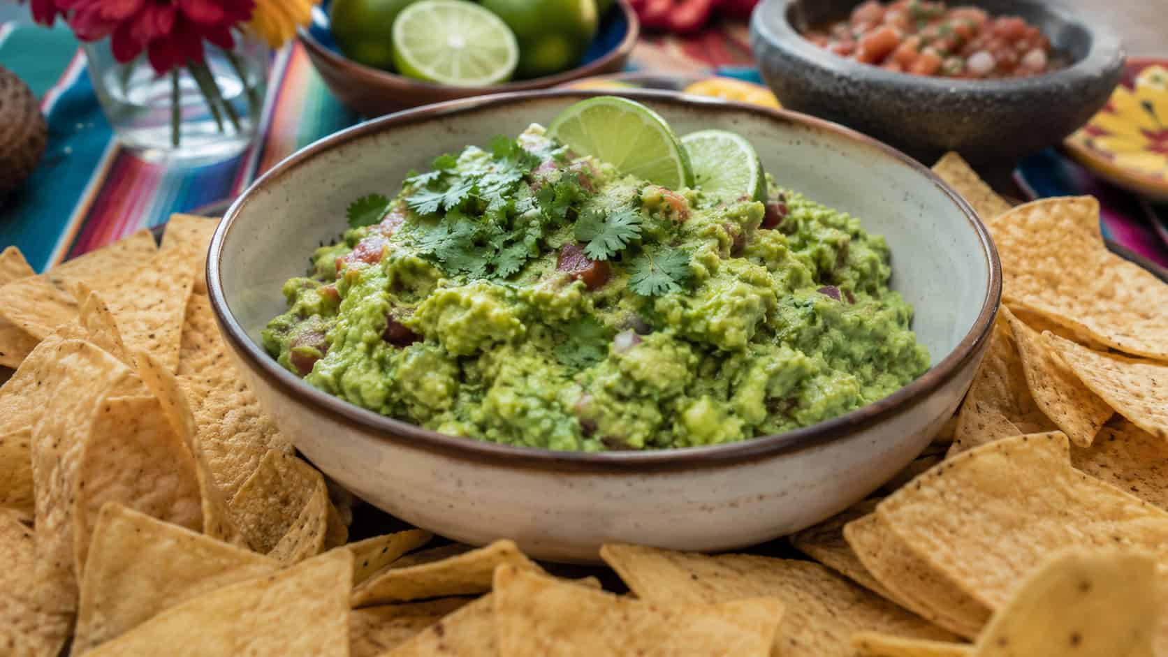 a wide bowl of fresh chunky guacamole topped with cilantro and lime surrounded by tortilla chips, in a wide horizontal shot, on a colorful party table, natural light, shallow depth of field, landscape orientation