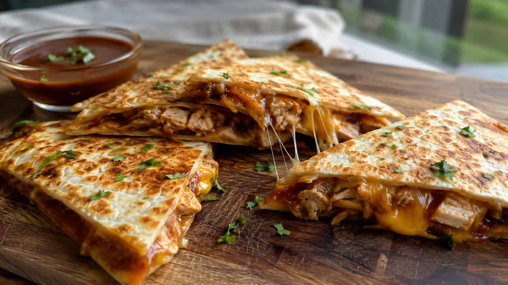 golden barbecue chicken quesadilla wedges with melty cheese pulling apart on a wide board, in a wide horizontal shot, with a small bowl of sauce, natural light, shallow depth of field, landscape orientation