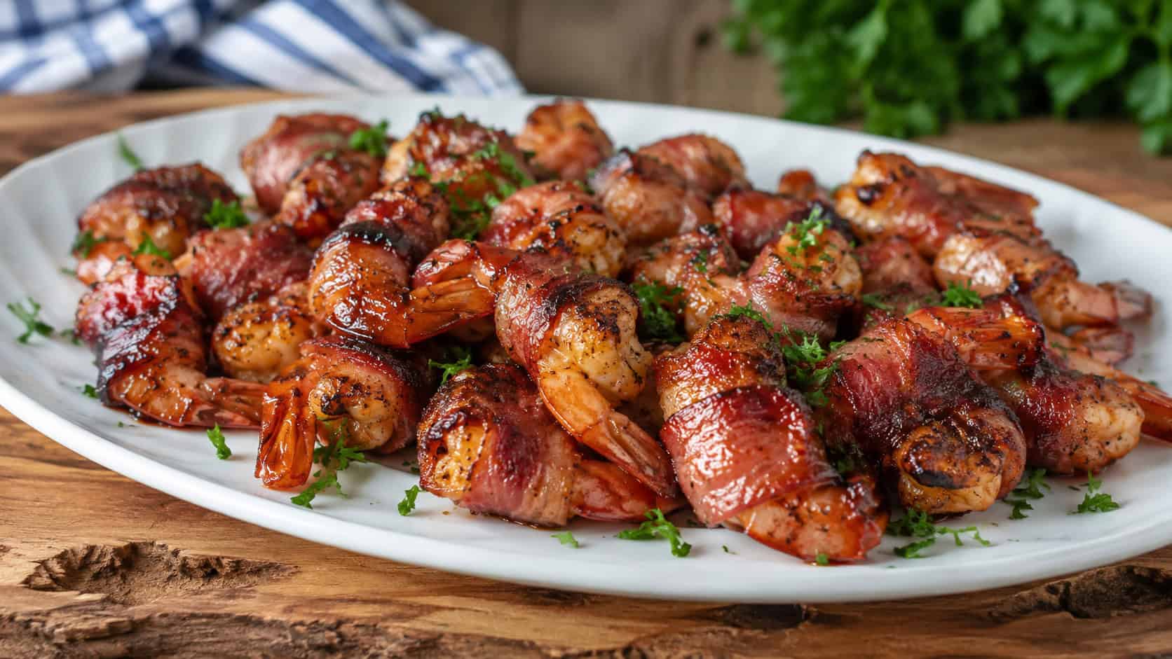 barbecue bacon-wrapped shrimp glazed and caramelized on a wide platter garnished with parsley, in a wide horizontal shot, on a rustic serving board, natural light, shallow depth of field, landscape orientation