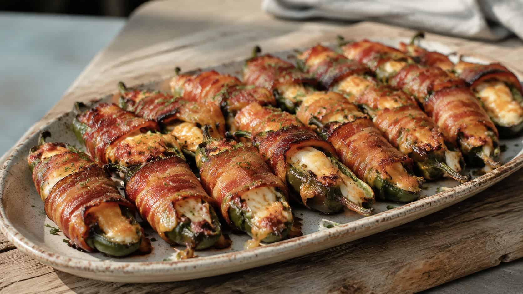 crispy bacon-wrapped jalapeno poppers oozing melted cheese arranged on a wide platter, in a wide horizontal shot, on a rustic wooden board, natural light, shallow depth of field, landscape orientation