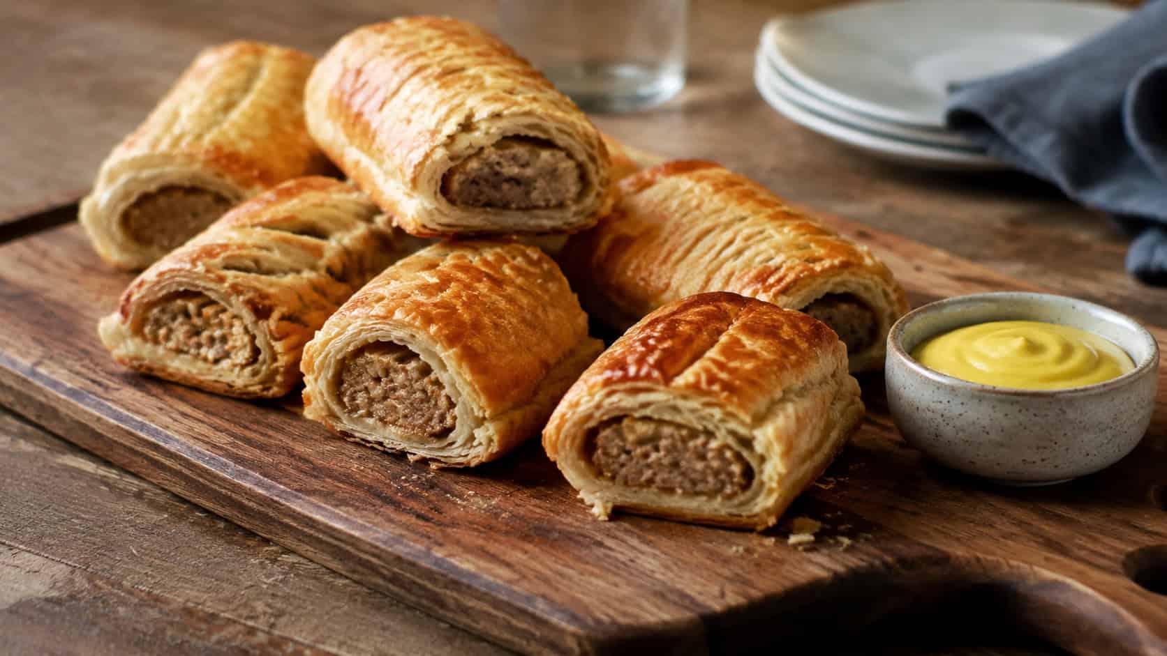 golden flaky sausage rolls arranged on a wide board with a small dish of mustard, in a wide horizontal shot, on a rustic table, natural light, shallow depth of field, landscape orientation