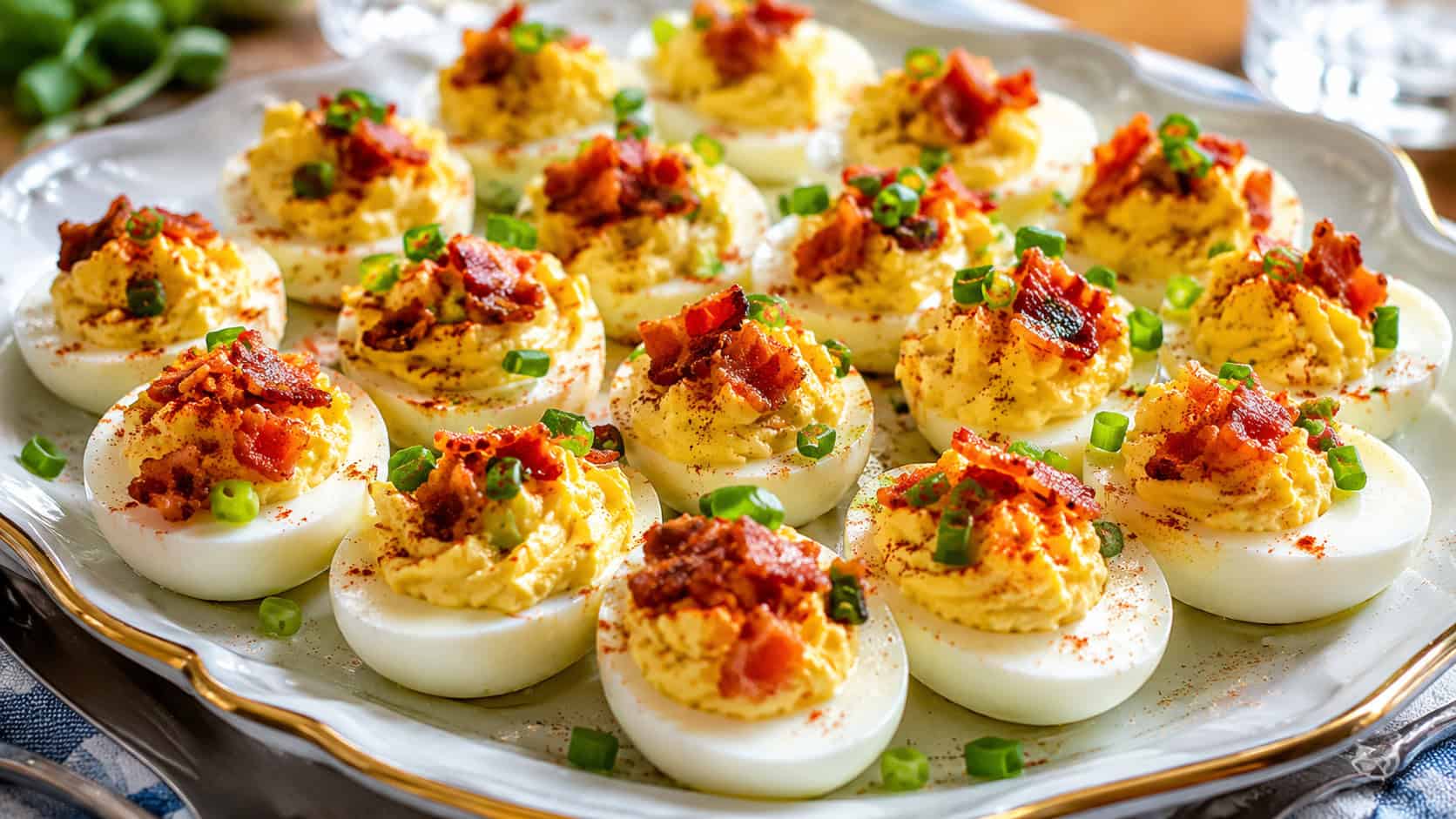 a wide platter of deviled eggs topped with crispy bacon, paprika, and green onion, in a wide horizontal shot, on an elegant serving dish, natural light, shallow depth of field, landscape orientation