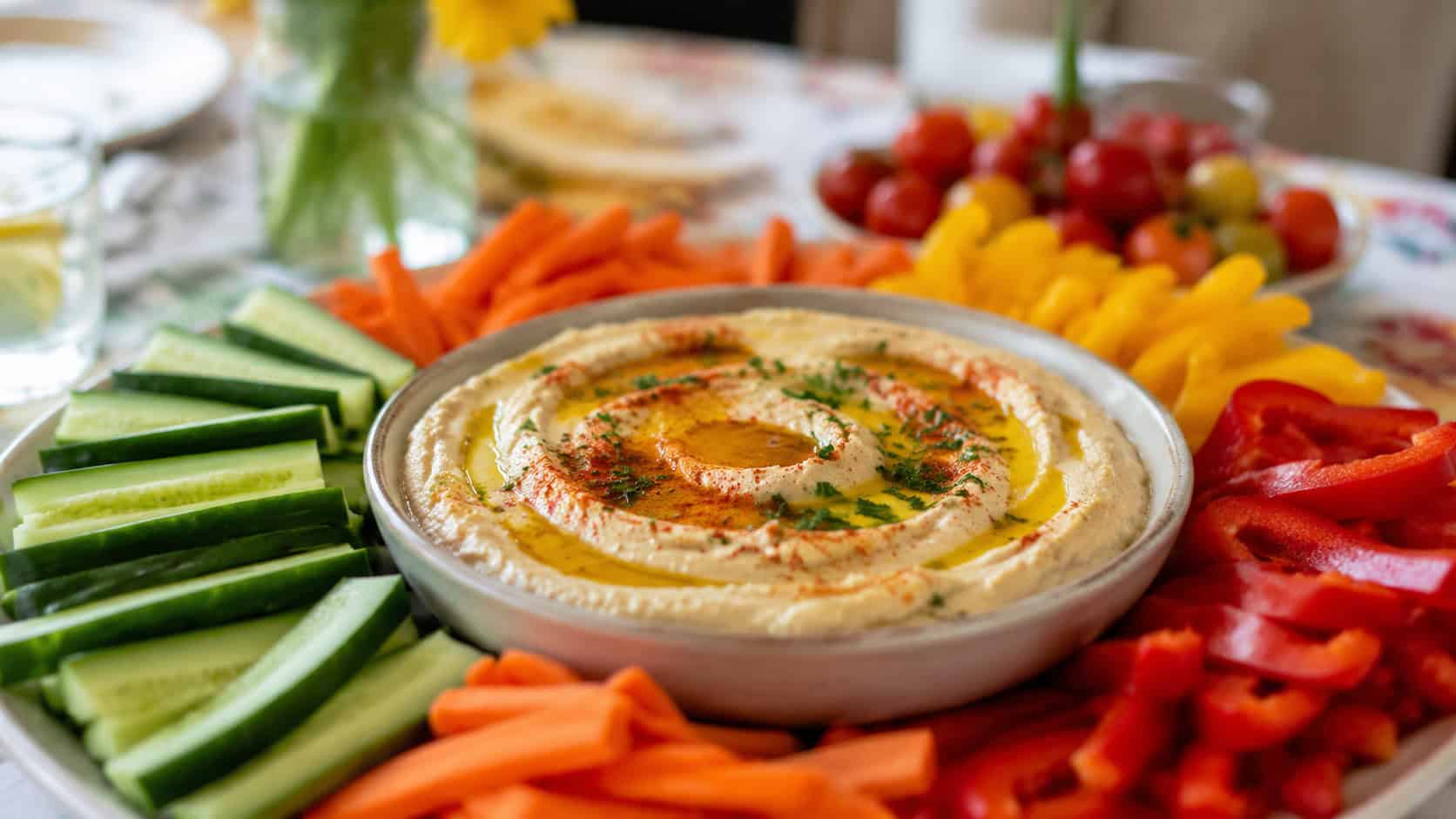 a wide bowl of creamy hummus drizzled with olive oil surrounded by colorful carrot, cucumber, and pepper sticks, in a wide horizontal shot, on a bright party table, natural light, shallow depth of field, landscape orientation