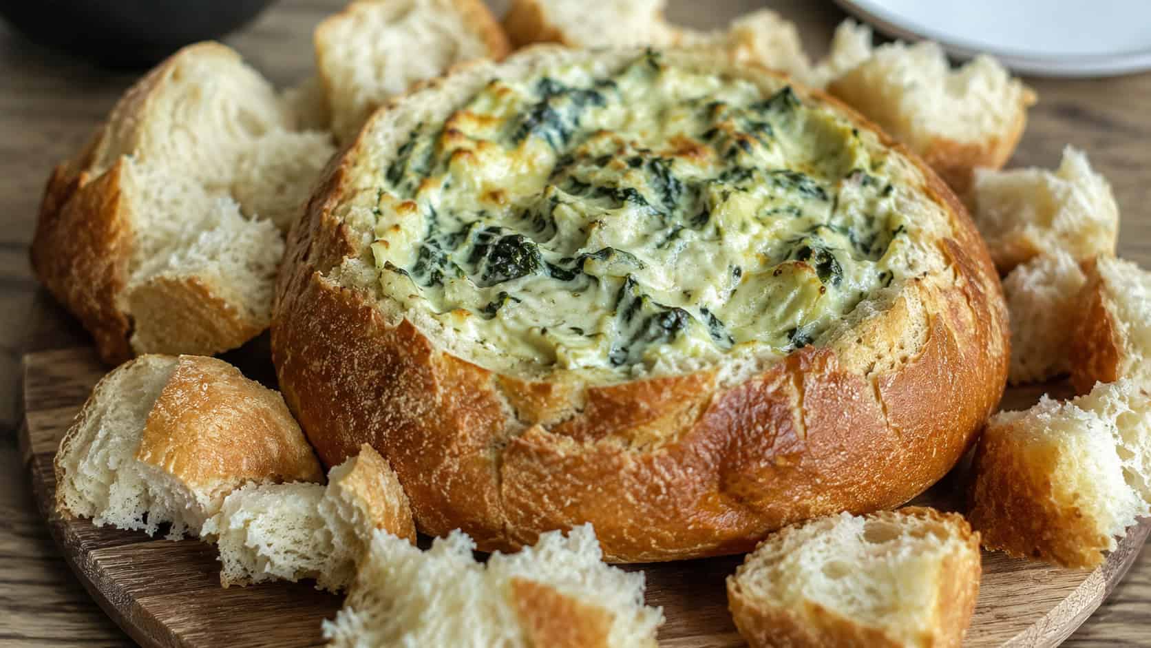 a round bread loaf filled with bubbling spinach artichoke dip surrounded by torn bread chunks, in a wide horizontal shot, on a wooden serving board, natural light, shallow depth of field, landscape orientation