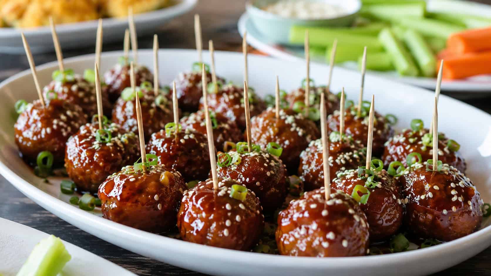 glossy sweet and spicy glazed meatballs with toothpicks in a wide serving dish garnished with sesame seeds and scallions, in a wide horizontal shot, on a party table, natural light, shallow depth of field, landscape orientation