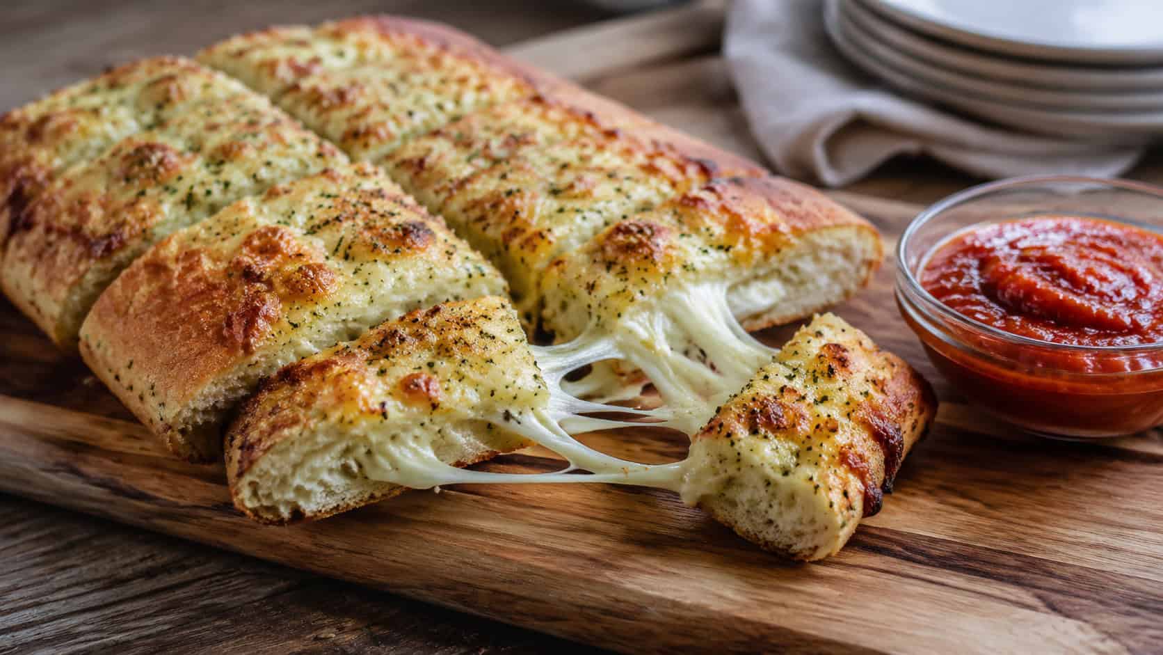 golden cheesy garlic breadsticks pulled apart to show melty cheese, arranged on a wide board with marinara, in a wide horizontal shot, on a wooden table, natural light, shallow depth of field, landscape orientation