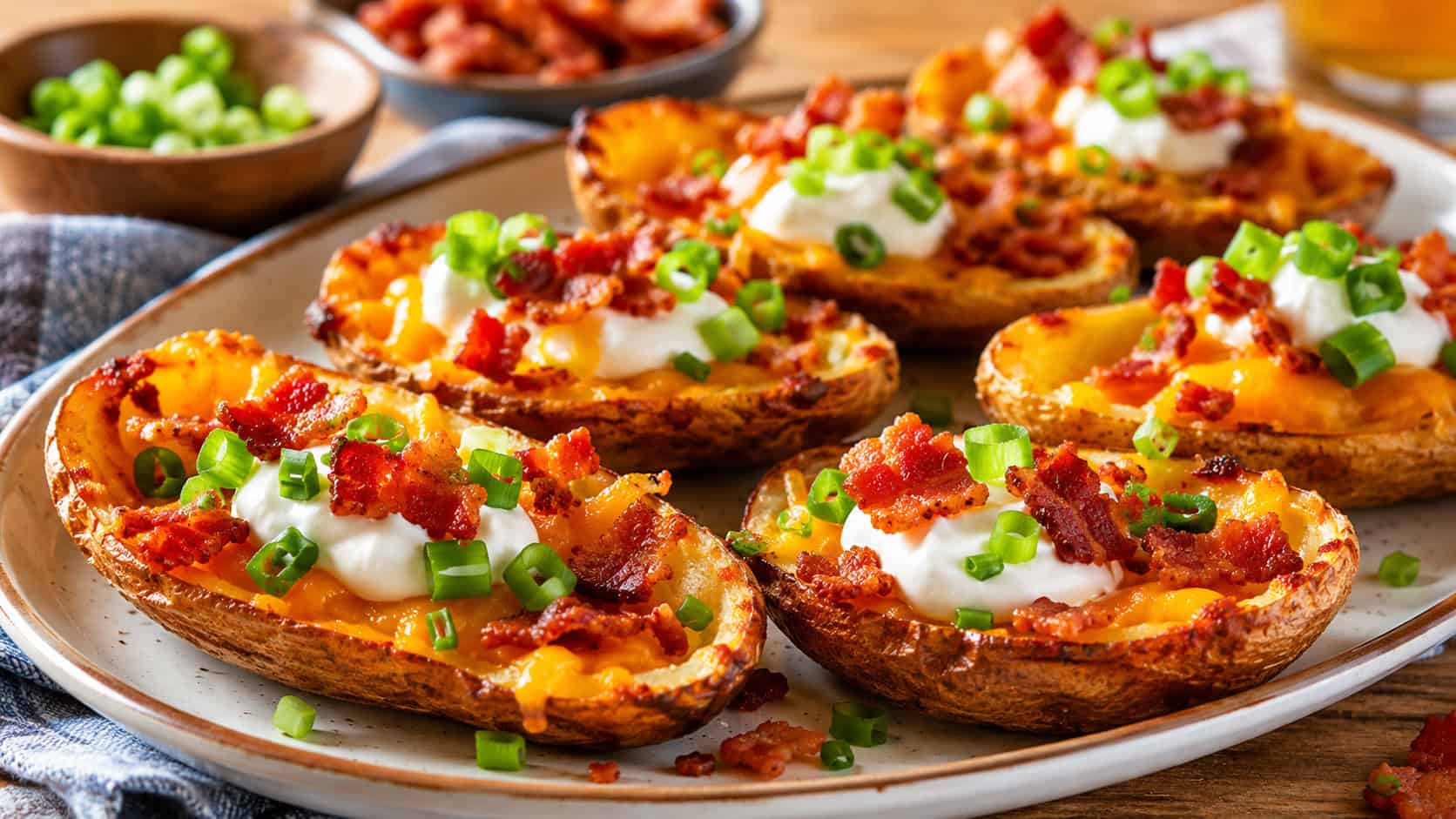 crispy loaded potato skins filled with melted cheddar, crumbled bacon, sour cream, and green onions on a wide platter, in a wide horizontal shot, on a casual table, natural light, shallow depth of field, landscape orientation