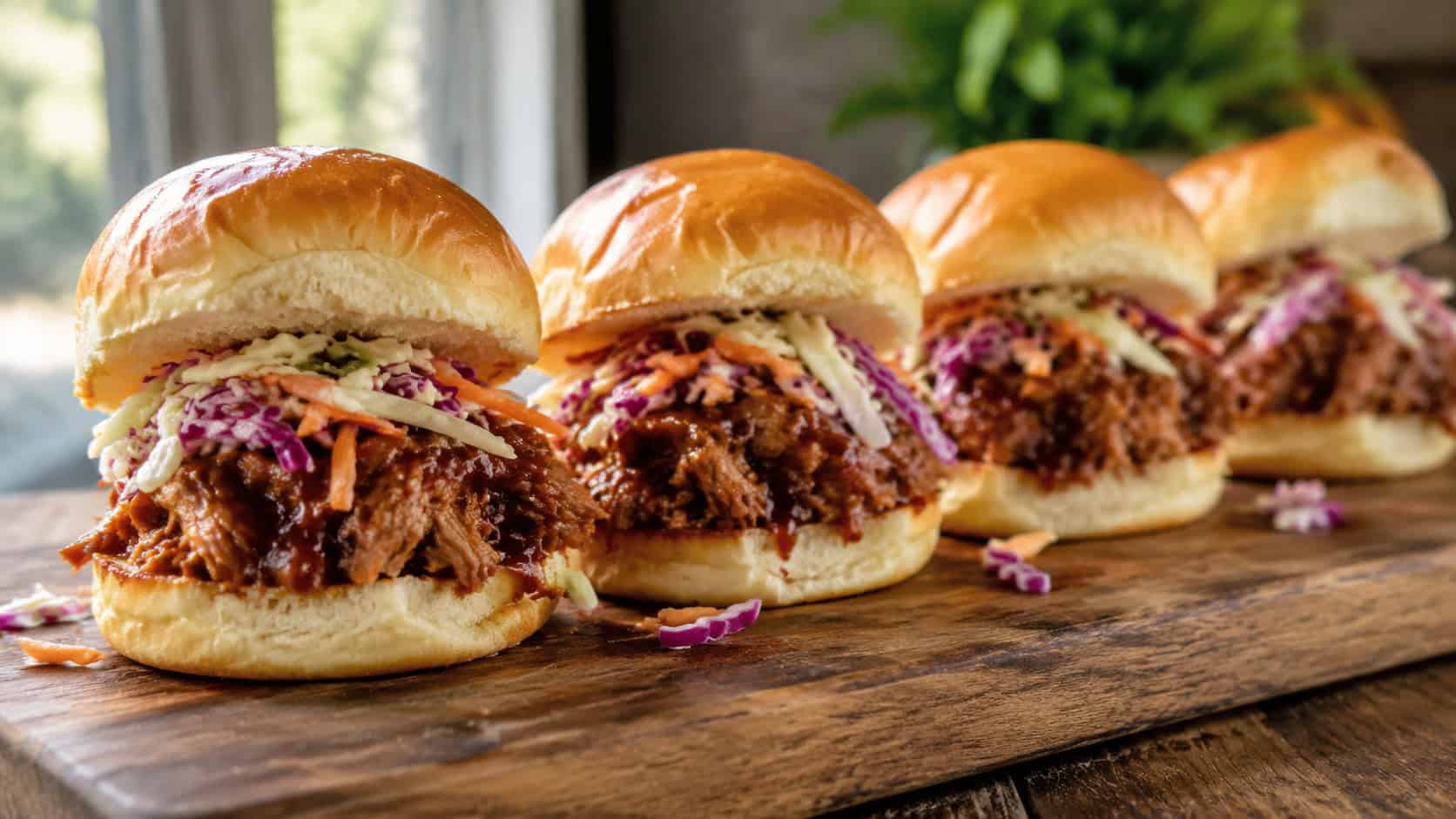 a row of barbecue pulled pork sliders topped with crunchy slaw on soft buns, in a wide horizontal shot, on a rustic wooden board, natural light, shallow depth of field, landscape orientation