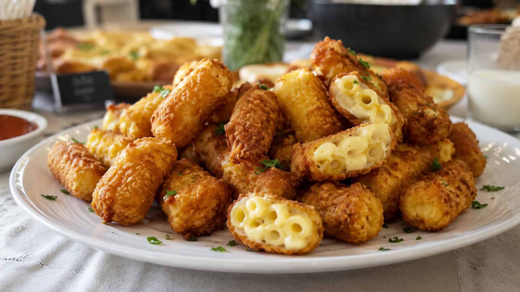 golden crispy mac and cheese bites stacked on a wide plate showing the cheesy interior, in a wide horizontal shot, on a party table, natural light, shallow depth of field, landscape orientation